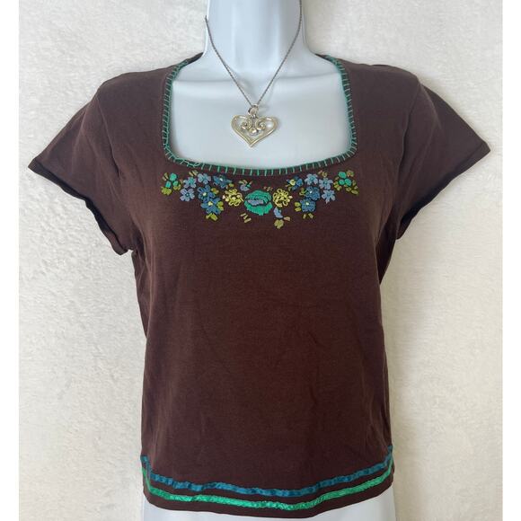 August Silk Brown Embroidered Short Sleeve Sweater Top Y2K sz XL Phoebe Buffay - Picture 1 of 7